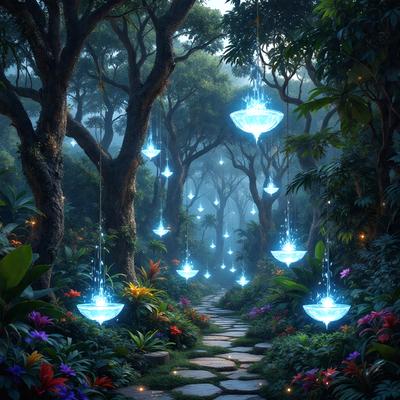 The primary subject of the image is a pathway surrounded by trees and illuminated by blue lights. The setting is a forest with a dirt road, and the visual style is a digital art or illustration. The colors and mood of the image are predominantly blue, creating a serene and peaceful atmosphere.